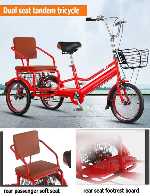 Dual Seat Pedal Tricycle For Kids And Adults, Tandem Cruiser with Rear Passenger Seat, Outdoor 20 Inch Pneumatic Tire Trike