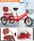 Dual Seat Tandem Pedal Tricycle For Kids And Grownups With Rear Passenger Seat And Double Brakes, Red Design With Basket