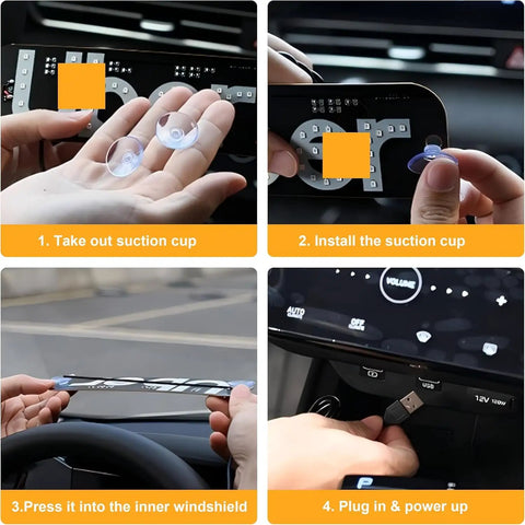 Blue LED Car Light Sign With USB Type-C Touch Control And Suction Cup Mount installation steps, from suction cups to USB connection.
