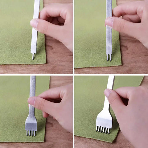 Using prong punches on leather sheet with 7 In 1 Pro Adjustable Stitching Groover Kit For Leathercraft With 1 2 4 6 Prong Leather Stitching Punches