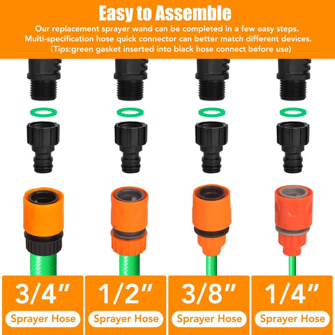 Stainless Steel Sprayer Wand Kit For Yard, hose quick connects and gaskets in various sizes for easy assembly.
