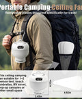 Portable 2-In-1 Camping Fan With Light And Remote shown attached to backpack for easy travel, includes dimensions and removable blades.