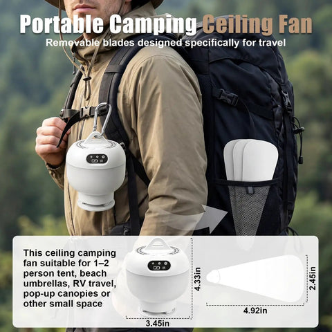 Portable 2-In-1 Camping Fan With Light And Remote shown attached to backpack for easy travel, includes dimensions and removable blades.