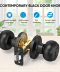 Round Door Knob Set With Deadbolt And Privacy Lock Matte Black Ball Style showing features against window background.