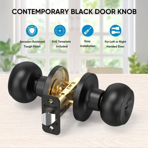 Round Door Knob Set With Deadbolt And Privacy Lock Matte Black Ball Style showing features against window background.