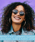 Nice 'n Clean SmudgeGuard lens cleaning wipes banner; front view of smiling woman wearing round tortoiseshell sunglasses