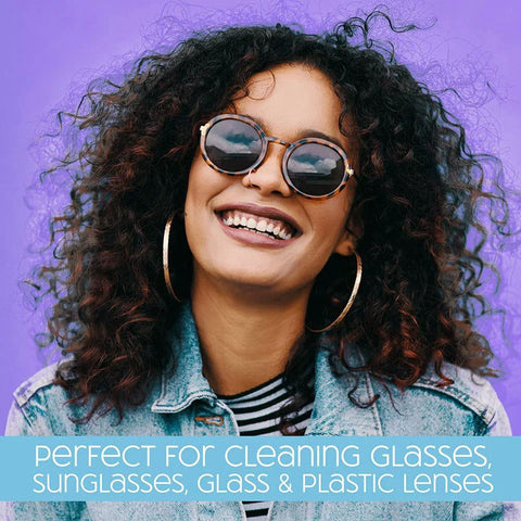 Nice 'n Clean SmudgeGuard lens cleaning wipes banner; front view of smiling woman wearing round tortoiseshell sunglasses