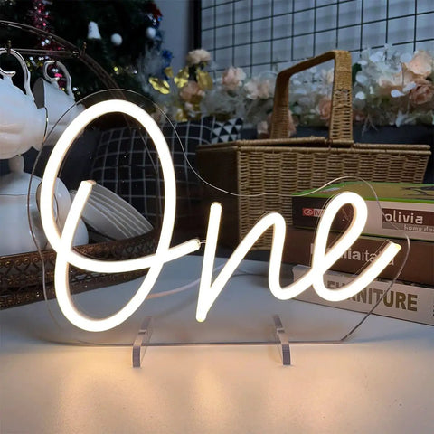 One Year Old Birthday Neon Sign LED Light for Party Vibes Table Decor USB Powered Flexible Silicone Neon With Acrylic Backplate