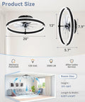 Top Tier 20 Inch Low Profile Ceiling Fan With Slick Dimmable Light And Wireless Remote Control displaying dimensions and airflow in living room.