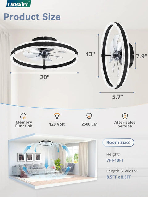 Top Tier 20 Inch Low Profile Ceiling Fan With Slick Dimmable Light And Wireless Remote Control displaying dimensions and airflow in living room.