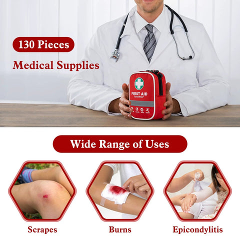 SuccorWare 130-piece first aid kit in red case, held by a person in a white coat with a stethoscope.