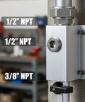 Side view of a Three Quarter Inch Compressed Air Line Outlet Kit Featuring Two Anodized Aluminum Manifold Blocks Two Brass Valves Two MNPT Straight Fittings And Four NPT Plugs For Shop Or Garage Use Rated Up To Two Hundred PSI installed on a wall.