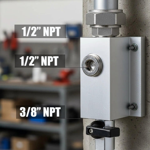 Side view of a Three Quarter Inch Compressed Air Line Outlet Kit Featuring Two Anodized Aluminum Manifold Blocks Two Brass Valves Two MNPT Straight Fittings And Four NPT Plugs For Shop Or Garage Use Rated Up To Two Hundred PSI installed on a wall.