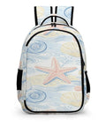Coastal Beach Vibe Starfish Conch Repeat Print Unisex Backpack with large capacity and smooth zippered compartments, front view