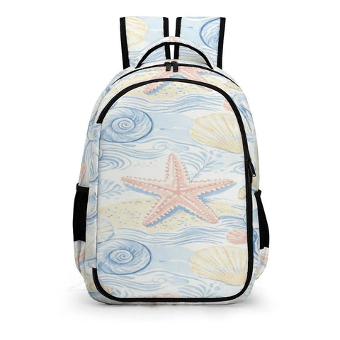 Coastal Beach Vibe Starfish Conch Repeat Print Unisex Backpack with large capacity and smooth zippered compartments, front view