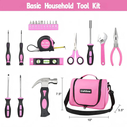 Pink Tool Set For Women With Shoulder Strap 21 Pieces Basic Tool Kit In A Portable Zipper Tool Bag