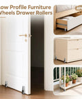 Low profile furniture wheels on door and drawers for easy movement