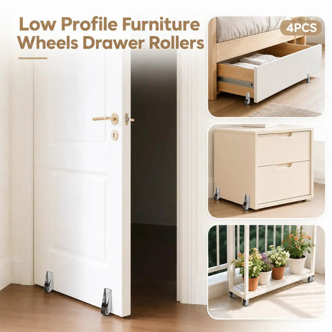 Low profile furniture wheels on door and drawers for easy movement