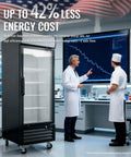 Top Shelf 27 Inch Commercial Display Freezer Upright Merchandiser With Triple Pane Glass Door, energy cost reduction demonstration.