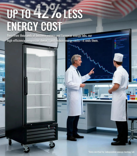 Top Shelf 27 Inch Commercial Display Freezer Upright Merchandiser With Triple Pane Glass Door, energy cost reduction demonstration.