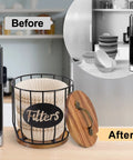 Before and after of Rustic Coffee Filter Holder With Lid Built From Acacia Wood And Metal next to unorganized filters