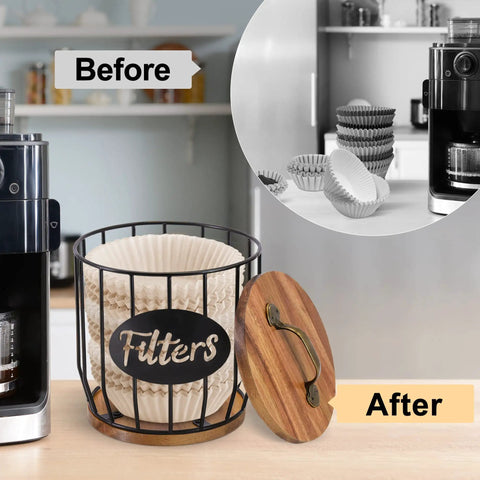 Before and after of Rustic Coffee Filter Holder With Lid Built From Acacia Wood And Metal next to unorganized filters