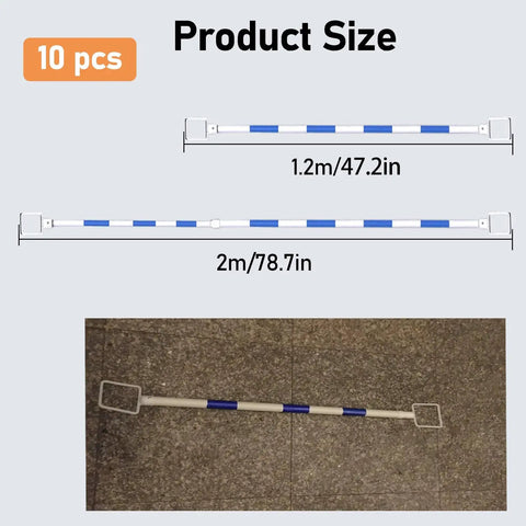 Ten Piece Blue Retractable Traffic Cone Connector Bars Rock Solid PVC Bar Links showing sizes 1.2m and 2m for easy setup and use.