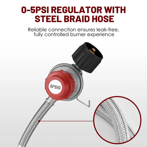 0-5 PSI regulator with steel braided hose for Portable 55,000 BTU Stainless Steel Propane Burner For Camping And Outdoor Cooking