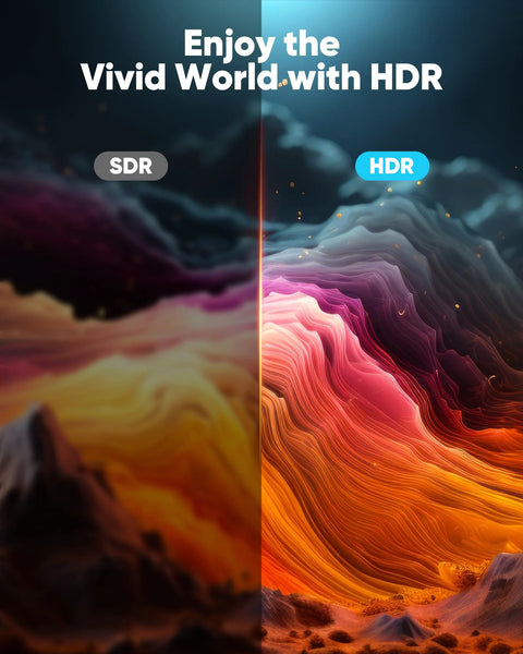 HDMI cable banner showing SDR on left and HDR on right with vivid 4K imagery