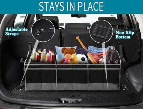 Trunk Organizer With Cooler For Cars, Collapsible Trunk Storage Container With Non Slip Bottom Strips in car trunk with toys