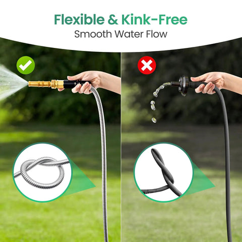 Stainless Steel Garden Hose With Metal Leader, 3 Ft Long, showing flexible no kink design next to rubber hose