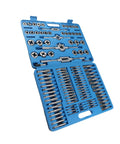 HUIOP Premium 110 Pc Metric Tap And Die Set Wrenches For Steel Hand Threading Kit With Taps Dies Torque Tools Repair Nuts Bolts Gear Fixing, blue case open