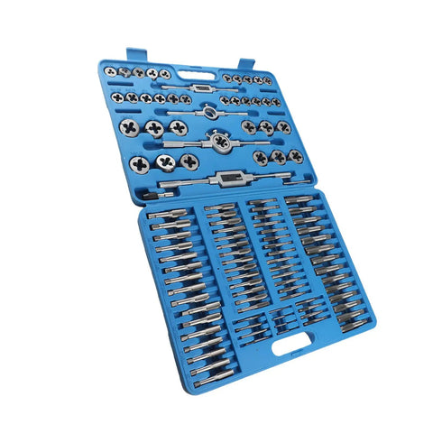HUIOP Premium 110 Pc Metric Tap And Die Set Wrenches For Steel Hand Threading Kit With Taps Dies Torque Tools Repair Nuts Bolts Gear Fixing, blue case open
