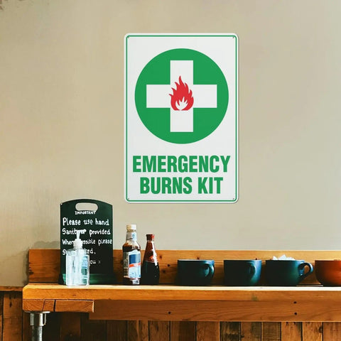 Rustproof Aluminum Warning Sign For First Aid Burn Kit Location 8 By 12 Inches With Clear Bold Lettering indoors above shelves