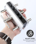 Top Shelf Self Centering Doweling Jig And Sharp Wood Drill Guide with rugged steel bushings held in hand for easy use.