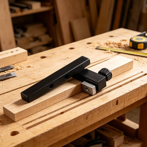 T Slot Track Positioning Stop With Hand Tightening Knob For DIY Woodworking Projects on a wooden workbench
