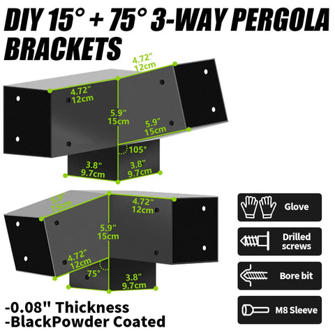 Heavy-Duty 3-Way Pergola Bracket Kit For Wood Beams In Outdoor Gazebos And Patios, 15 Degree And 75 Degree Right Angle Corner Supports, 4x4 Posts Actual 3.5x3.5 Inches, Weatherproof Steel, 4 Pack