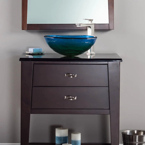 Thick Round Glass Vessel Bathroom Sink With Blue Yellow Green Swirl Dope Look Stylish Modern Above Counter Mount on Vanity
