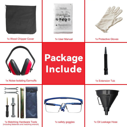 Package contents of Gas Powered Wood Chipper Shredder Mulcher With 7 HP 212cc Engine, including tools and accessories
