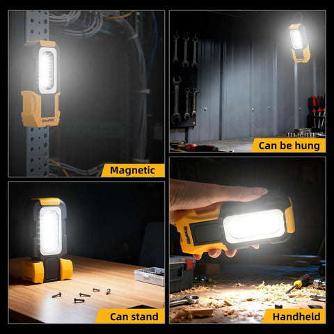 Folding work lamp from the 218 Piece Home Tool Kit With General Household Hand Tools Set, showing magnetic, hanging, and handheld use.