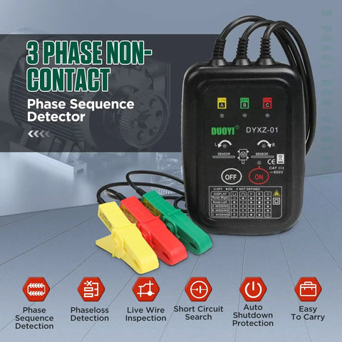 3 Phase Rotation Tester For Motor Setup With Non Contact Voltage Detection And Phase Sequence Check 70V To 600V AC Live Wire Tester Short Circuit Alert 23.62 Inch Cable Length Carrying Bag with colored alligator clips