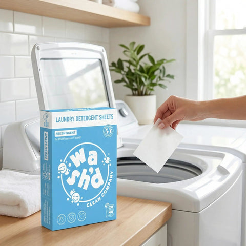 Heavy Duty Laundry Detergent Sheets Featuring 3x Stain Fighting Enzymes being added to a washing machine for easy cleaning.