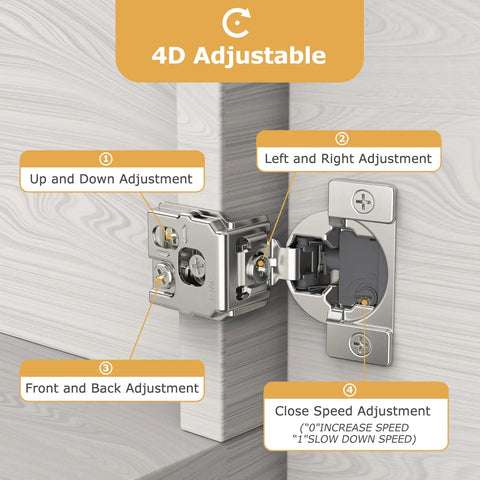 Killer Quality Soft Close Cabinet Hinges Two Pack 3/8 Inch Face Frame Overlay 4D Adjustable hinge with adjustment indicators.