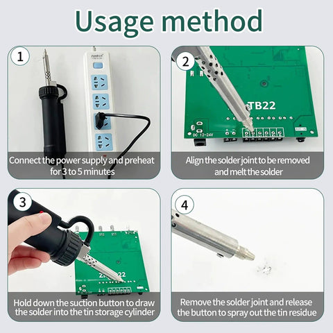 Step-by-step guide for using Electric Desoldering Gun Go-To Automatic Solder Sucker Portable Desoldering Pump with 3 tips for circuits.
