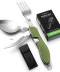 4 In 1 Camping Utensil Set With Detachable Fork Spoon Knife And Bottle Opener for hiking shown in army green with packaging.