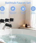 Matte Black 3 Piece Shower Knob And Diverter Tub Spout Kit installed in a bathroom setting with flowing water