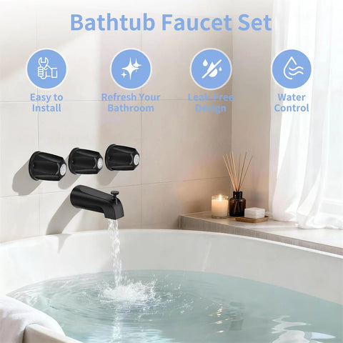Matte Black 3 Piece Shower Knob And Diverter Tub Spout Kit installed in a bathroom setting with flowing water