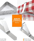 Stainless Steel Tablecloth Clips With Rock Solid Grip 12 Pack Rust Proof Clips For Home And Restaurant Dining Tables Up To 1.8 Inches Thick Perfect For Picnics And Parties showing features such as rustproof surface and easy use on checkered tablecloth.