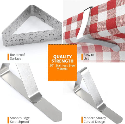 Stainless Steel Tablecloth Clips With Rock Solid Grip 12 Pack Rust Proof Clips For Home And Restaurant Dining Tables Up To 1.8 Inches Thick Perfect For Picnics And Parties showing features such as rustproof surface and easy use on checkered tablecloth.
