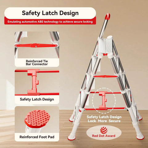 Heavy Duty A Frame Telescoping Extension Ladder With Safety Lock Four Point Four Foot Foldable Aluminum Ladder Five Step Stool That Holds Up To 600 Pounds For Home Projects And Everyday DIY. Safety latch and reinforced foot pad shown.